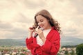 happy childhood. happy girl enjoy the moment. Have Fun on Celebration. teen kid singing with microphone in karaoke Royalty Free Stock Photo