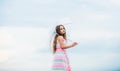 Happy childhood. I believe i can fly. Touch sky. Fairy tale character. Feeling light. Girl with light umbrella. Anti Royalty Free Stock Photo