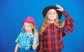 Happy childhood. Kids fashion concept. Check out our fashion style. Fashion trend. Girls kids wear fashionable hats