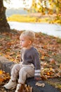 Happy childhood. Childhood memories. Child autumn leaves background. Warm moments of autumn. Toddler boy blue eyes enjoy Royalty Free Stock Photo