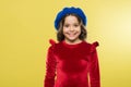 Happy childhood. smiling stylish teen girl in french beret. parisian kid wear red dress. elegant look of child. kid