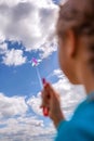 Happy childhood and summertime. Kid having fun and playing with a kite, outdoor Royalty Free Stock Photo