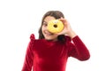 Happy childhood and sweet treats. Breaking diet concept. Girl hold sweet donut white background. Child hungry for sweet