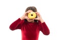 Happy childhood and sweet treats. Donut breaking diet concept. Girl hold glazed donut white background. Kid girl hungry