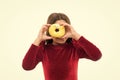 Happy childhood and sweet treats. Donut breaking diet concept. Girl hold glazed donut white background. Kid girl hungry