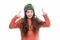 Happy childhood. Teen girl in earflap hat. Winter fashion style. Girl in knitwear. Portrait of teen child wearing warm Royalty Free Stock Photo