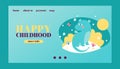 Happy childhood vector template with baby dragon. Cartoon funny dinosaur. Fairy dinosaurs on blue background. Webpage Royalty Free Stock Photo