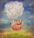 Happy children in the air balloon in the sky Royalty Free Stock Photo