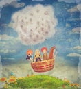 Happy children in the air balloon in the sky - illustration art Royalty Free Stock Photo