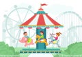 Happy children in amusement park. Happy kids on round carousel. Boys or girls ride merry-go-round. Different attraction