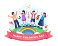 Happy children around the world stand with raised hands celebrating children`s day together vector illustration