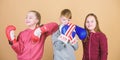 Happy children in boxing gloves. Fitness diet. energy health. punching knockout. Childhood activity. Sport success. Team Royalty Free Stock Photo