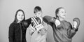 Happy children in boxing gloves. Fitness diet. energy health. punching knockout. Childhood activity. Sport success. Team Royalty Free Stock Photo
