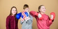 Happy children in boxing gloves. Fitness diet. energy health. punching knockout. Childhood activity. Sport success. Team Royalty Free Stock Photo