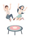 Happy children, boy and girl jumping on a trampoline. Vector colorful illustration on white background.