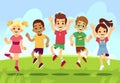 Happy children, boys and girls playing and jumping outdoor. Summer vacation vector concept with cartoon exercising and Royalty Free Stock Photo