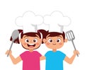 Happy children chefs smiling cartoon. vector