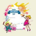 Happy children day background. Vector illustration of Universal Children day poster. Greeting card. Flat. Round frame. - Vector Royalty Free Stock Photo
