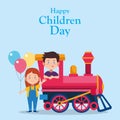 Happy children day colorful design with happy boy in a train and girl with colorful balloons Royalty Free Stock Photo