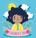 Happy children day, cute little boy with foliage flowers sunny ribbon
