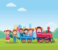 Happy children day design with train with cartoon happy kids in the wagons Royalty Free Stock Photo