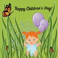 Happy Children Day greeting card template with red hair toddler girl sitting on grass and holding balloons.