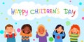 Happy children is a Day. A postcard with kids who show their tongue. A cloud with an inscription Royalty Free Stock Photo