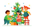 Happy children decorating Christmas tree - colorful flat design style illustration