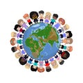 Happy children of different races and colors holding hands and standing on the globe