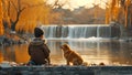 Happy children with dog family sitting by a river with waterfall, enjoying the hike to waterfall summertime on a cold