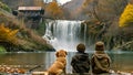 Happy children with dog family sitting by a river with waterfall, enjoying the hike to waterfall summertime on a cold