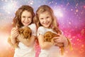 Happy children and dogs on Christmas eve. New year 2018. Holiday concept, Christmas, New year background. Royalty Free Stock Photo