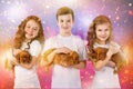 Happy children and dogs on Christmas eve. New year 2018. Holiday concept, Christmas, New year background. Royalty Free Stock Photo