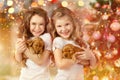 Happy children and dogs beside Christmas tree. New year 2018. Holiday concept, Christmas, New year background. Royalty Free Stock Photo