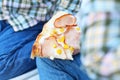 Happy children eating pizza outdoors Royalty Free Stock Photo