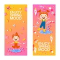 Happy children enjoying spring, vertical banners, vector illustration