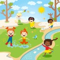 Happy children enjoying spring weather outdoor, vector illustration Royalty Free Stock Photo