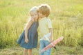 Happy children enjoying summer vacation. Childhood dream imagination concept. Enjoying nice weekend together. Valentine