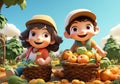 Happy children on a farm with baskets of vegetables and fruits. AI generated