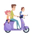 Happy children with father. Family weekend, man and kids on motorbike. Isolated cartoon cute boy girl riding on scooter
