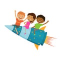 Happy children fly on the rocket. Learning progress, development of kids. Kids different nationality together have a fun. Vector