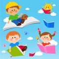 Happy children flying with books in the sky. Vector illustration Royalty Free Stock Photo