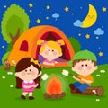 Happy children in a forest camping site at night. Vector illustration Royalty Free Stock Photo