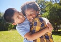 Happy, children or friends hugging in park together for fun, bonding or playing in sunny summer. Portrait, diversity or