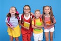 Happy children, girls and boys, standing with backpacks behind and exercise books, smiling at camera Royalty Free Stock Photo