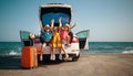 Happy children girls friends sisters on the car ride to summer trip Royalty Free Stock Photo