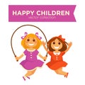 Happy children girls jumping jump rope playing outdoor games vector icons Royalty Free Stock Photo