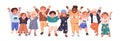 Happy children group. Cute diverse cheerful kids celebrating with hands up. Joyful excited kindergarten friends, little Royalty Free Stock Photo