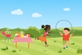 Happy children have fun on barbecue picnic party together, girl running, boy jumping rope