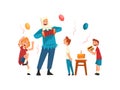 Happy Children Having Fun with Animator at Birthday Party, Entertainer in Festive Costume Performing Before Kids Vector